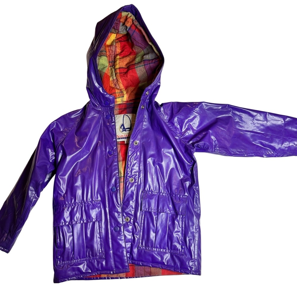 Vintage 90s Sailmaker PVC Raincoat Purple Plaid‎ Lined Youth Size 5